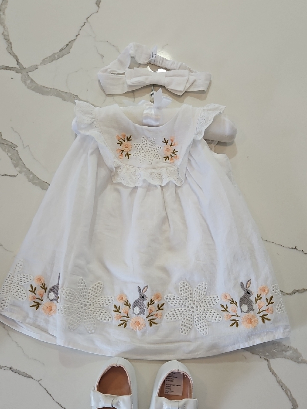 White Embroidered Floral Girls Casual Dress with Headband